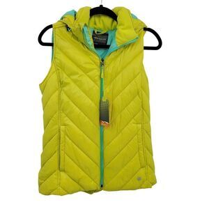 Tek Gear Puffer Vest M Chartreuse Quilted Contrasting Hood Zip Pockets Gorpcore‎